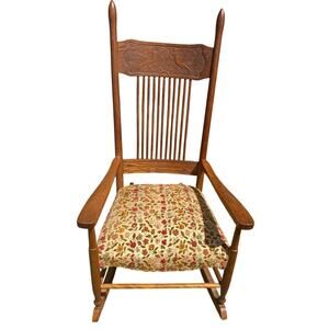 🪑 Antique Oak Rocking Chair w/ Carved Birds Back & Floral Seat - Vintage Quaker